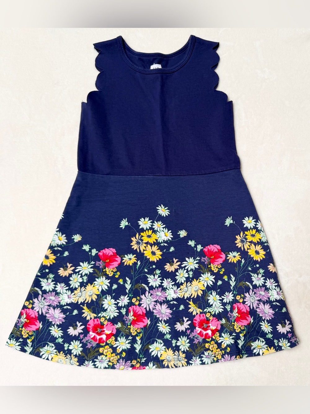 GAP Kids Girls Size Small (6-7) Navy Floral Sleeveless Scallop-Shoulder Dress